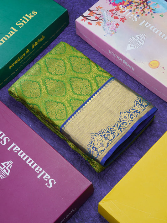 Parrot Green Beautiful Bridal Pure Kanjivaram Silk Saree With Contrast Royal Blue Border