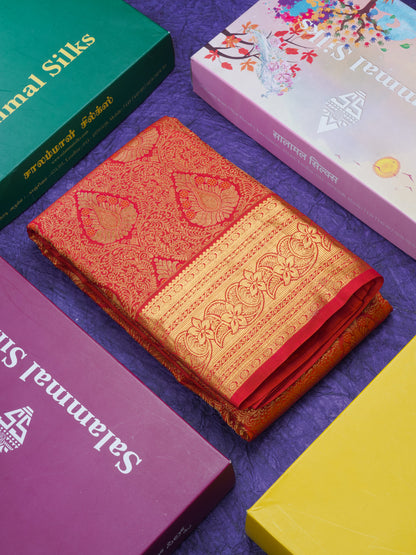 Reddish Pink Bridal Pure Kanjivaram Silk Saree With Traditional Border