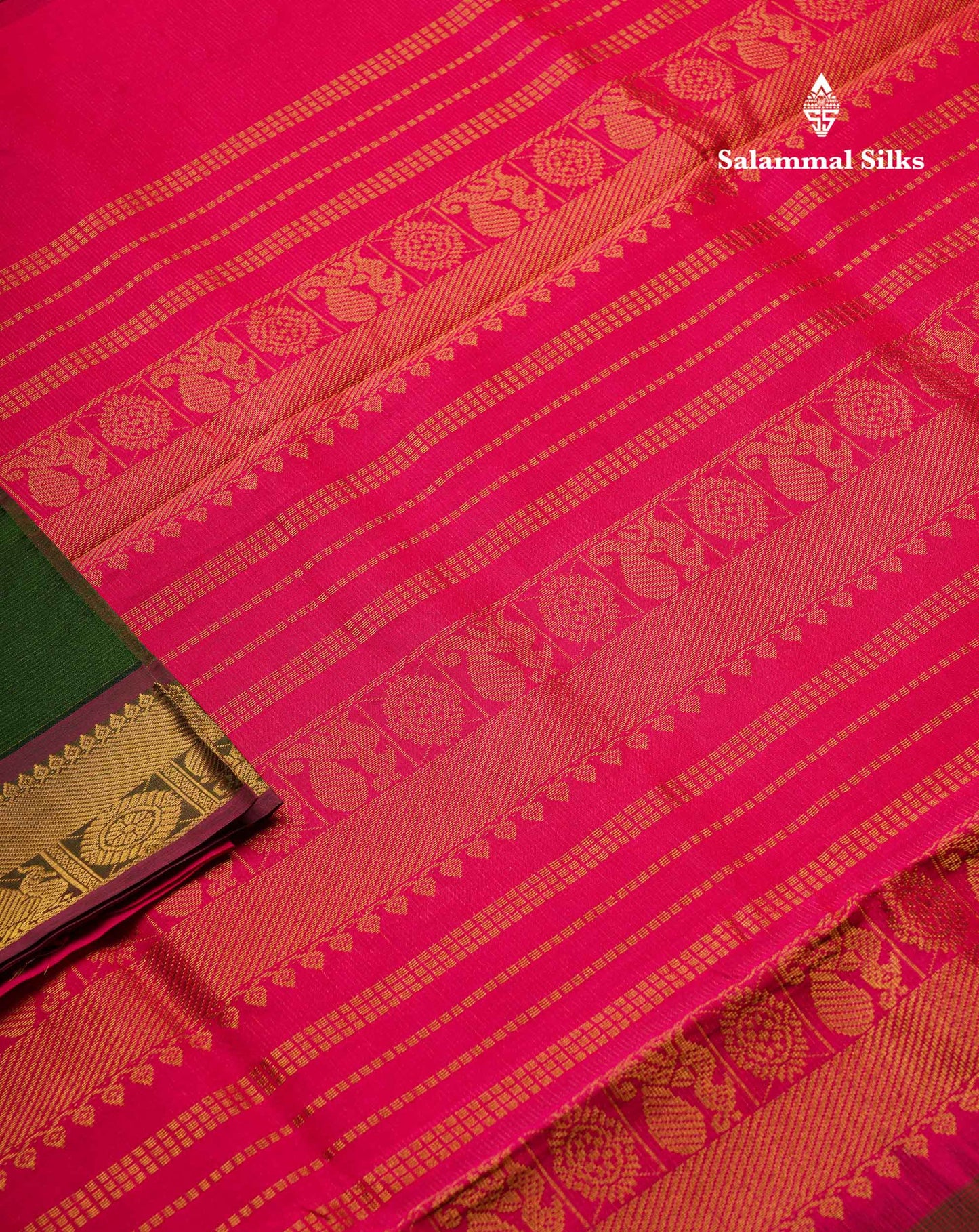 Beautiful Dark Olive Green Vaira Oosi Lines Semi Silk Cotton Saree With Contrast Dual Tone Pink Blouse