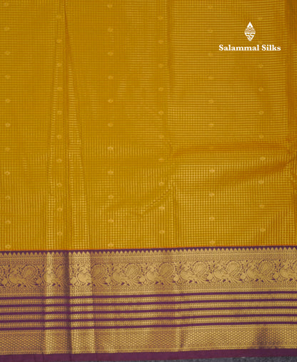 Beautiful Olive Mustard Yellow Semi Silk Saree With Contrast Dark Violet Traditional Border