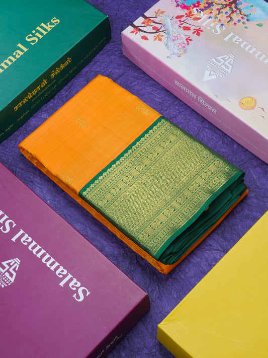 Korvai Mango Yellow Pure Kanjivaram Silk Saree With Contrast Bottle Green Traditional Border