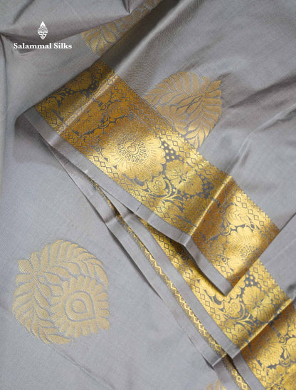 Beautiful Light Grey Semi Silk Saree With Traditional Evening Morning Border