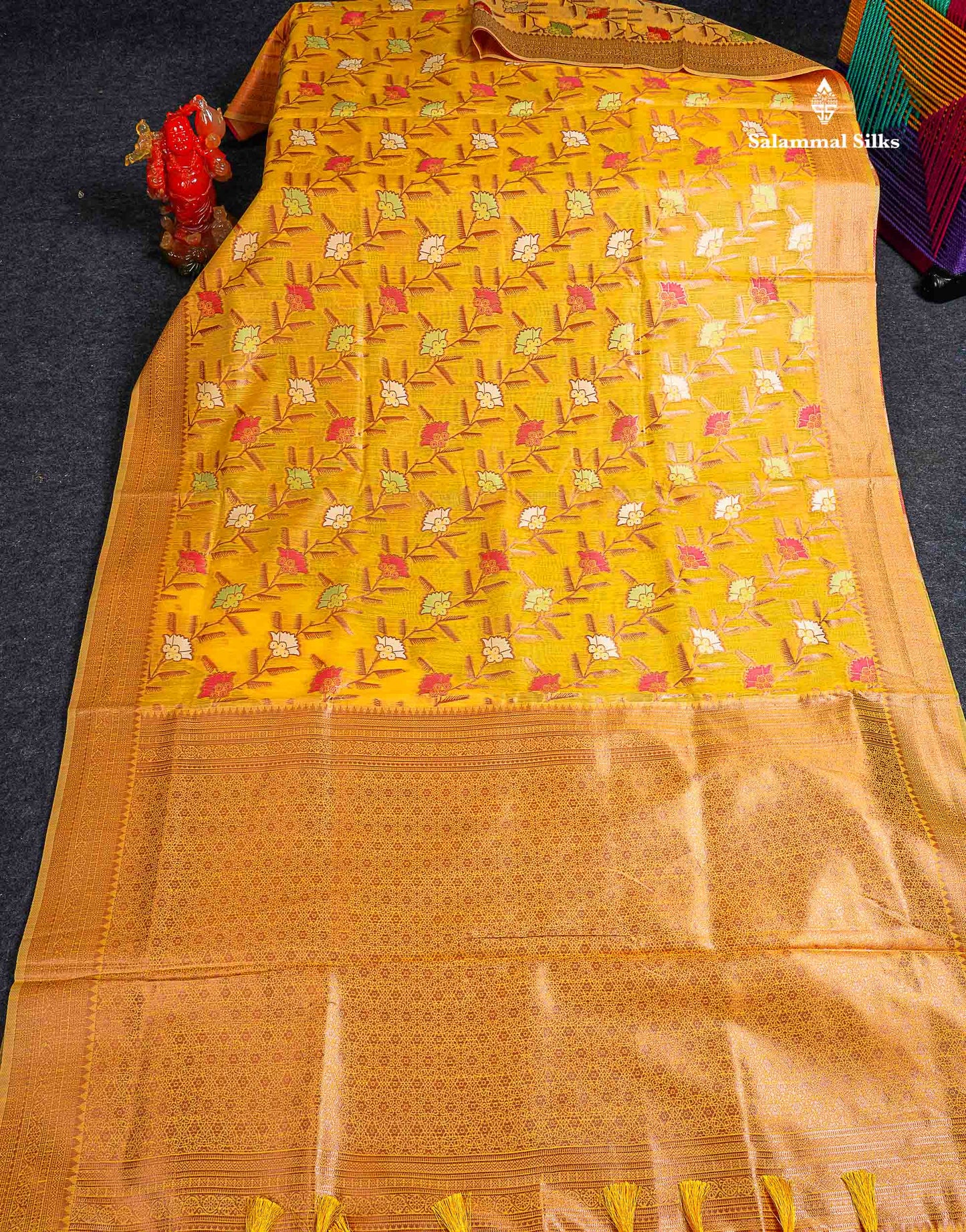 Mulberry Cotton Mix Saree - Yellow Colour Body Menakari Work With Fancy Border