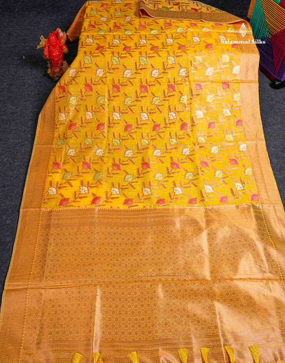Mulberry Cotton Mix Saree - Yellow Colour Body Menakari Work With Fancy Border