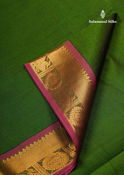 Beautiful Dark Olive Green Vaira Oosi Lines Semi Silk Cotton Saree With Contrast Dual Tone Pink Blouse
