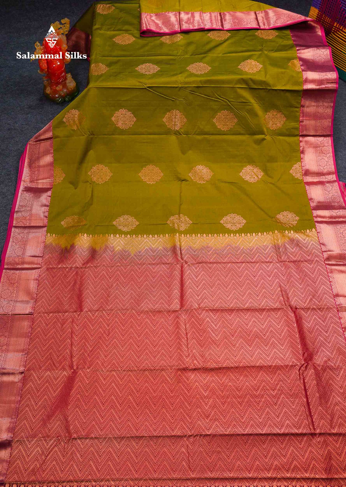 Beautiful Olive Green Semi Silk Saree With Contrast Maroon Traditional Border