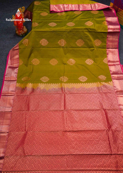 Beautiful Olive Green Semi Silk Saree With Contrast Maroon Traditional Border