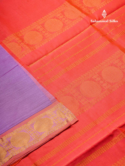 Beautiful Lavender Vaira Oosi Lines Semi Silk Cotton Saree With Contrast Orange Blouse