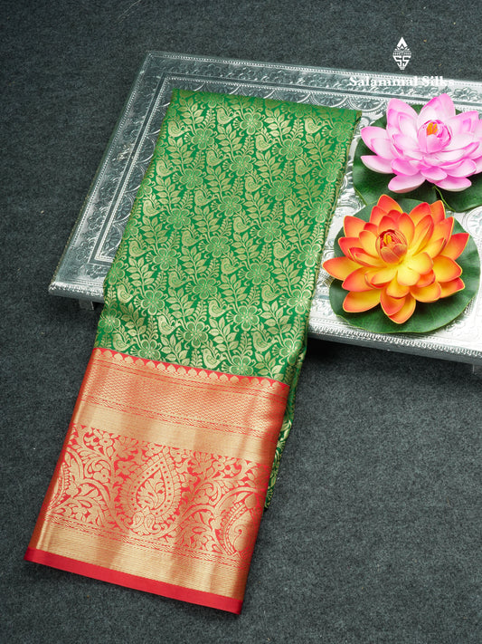 Semi Silk Pattu Pavadai (Bottle Green) With Red Blouse 44"