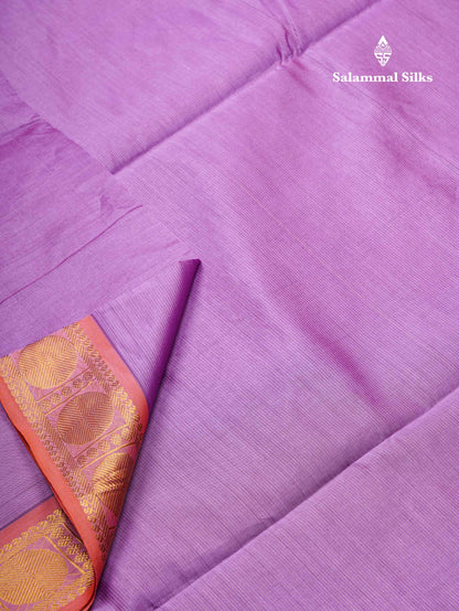 Beautiful Lavender Vaira Oosi Lines Semi Silk Cotton Saree With Contrast Orange Blouse
