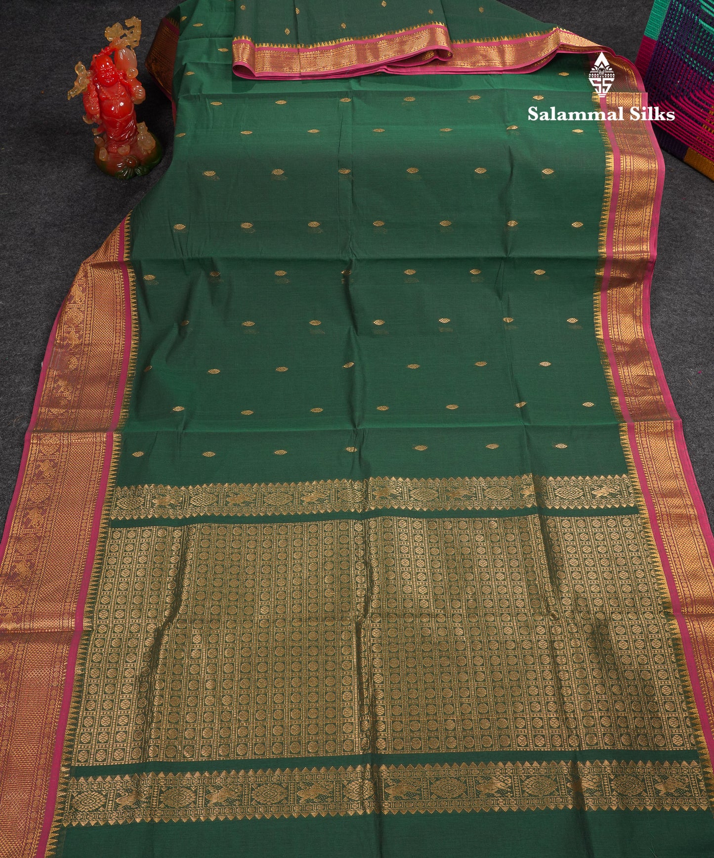 Beautiful Parrot Green Pure Cotton Saree With Contrast Pink Traditional Border