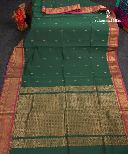 Beautiful Parrot Green Pure Cotton Saree With Contrast Pink Traditional Border