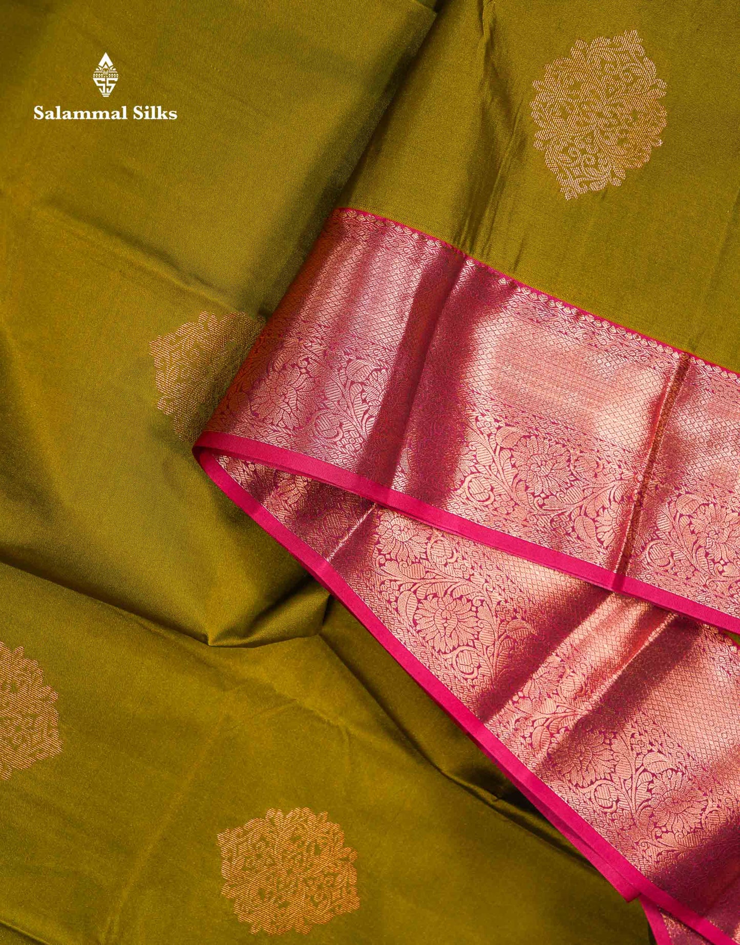 Beautiful Olive Green Semi Silk Saree With Contrast Maroon Traditional Border