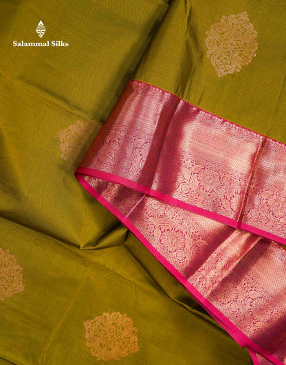 Beautiful Olive Green Semi Silk Saree With Contrast Maroon Traditional Border