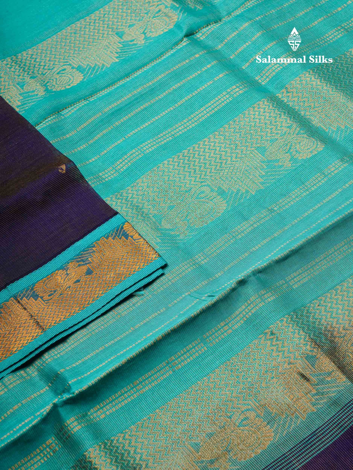 Beautiful Navy Blue Vaira Oosi Lines With Mango Zari Butta Semi Silk Cotton Saree With Contrast Sapphire Traditional Border
