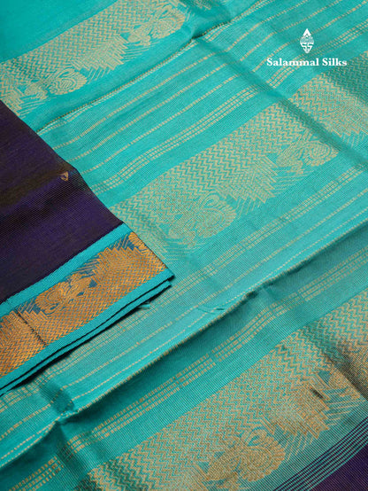 Beautiful Navy Blue Vaira Oosi Lines With Mango Zari Butta Semi Silk Cotton Saree With Contrast Sapphire Traditional Border