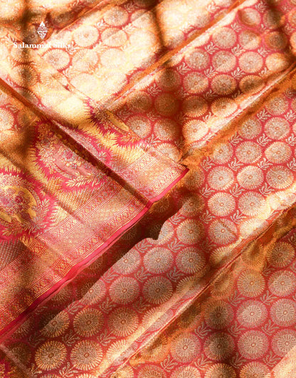 Beautiful Pinkish Orange Tissue Bridal Pure Kanjivaram Silk Saree With Fancy Border