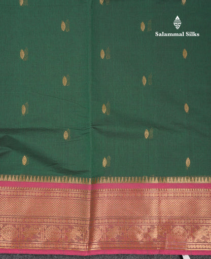 Beautiful Parrot Green Pure Cotton Saree With Contrast Pink Traditional Border