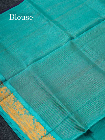 Beautiful Navy Blue Vaira Oosi Lines With Mango Zari Butta Semi Silk Cotton Saree With Contrast Sapphire Traditional Border