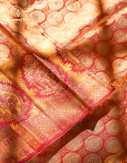 Beautiful Pinkish Orange Tissue Bridal Pure Kanjivaram Silk Saree With Fancy Border
