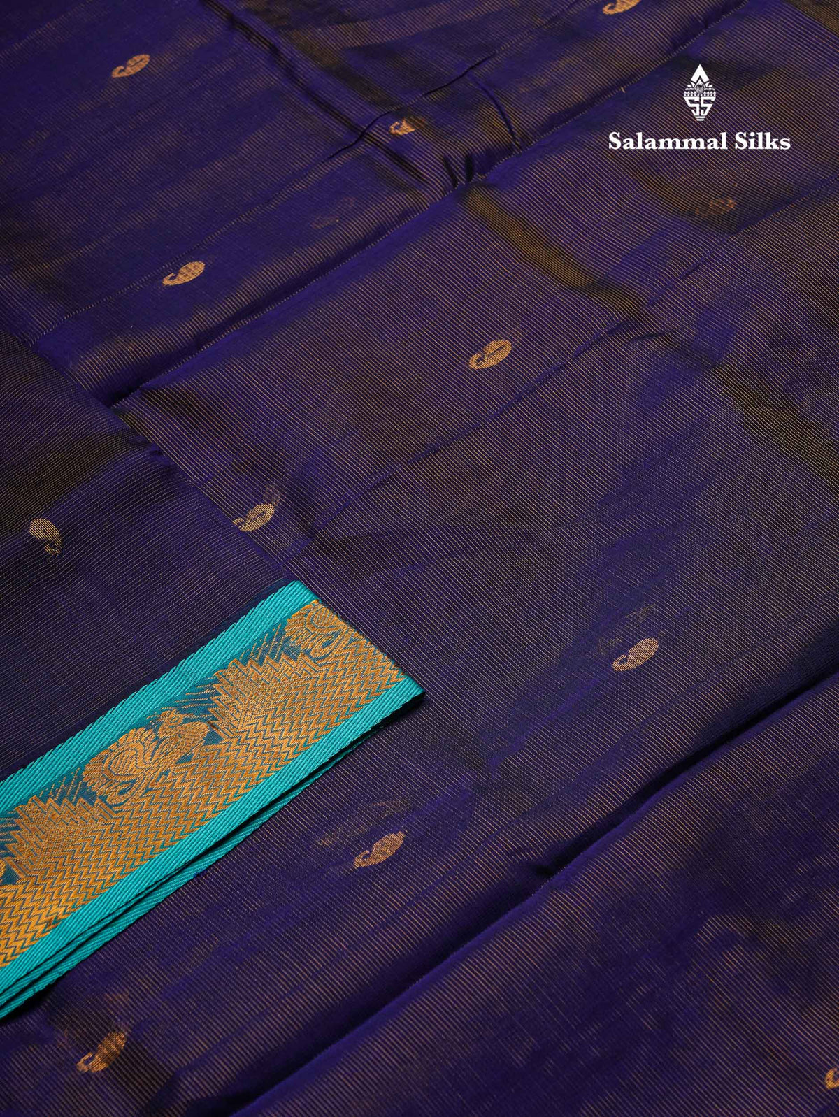 Beautiful Navy Blue Vaira Oosi Lines With Mango Zari Butta Semi Silk Cotton Saree With Contrast Sapphire Traditional Border
