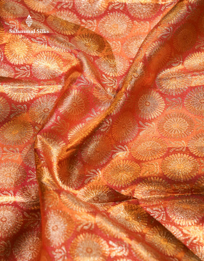 Beautiful Pinkish Orange Tissue Bridal Pure Kanjivaram Silk Saree With Fancy Border