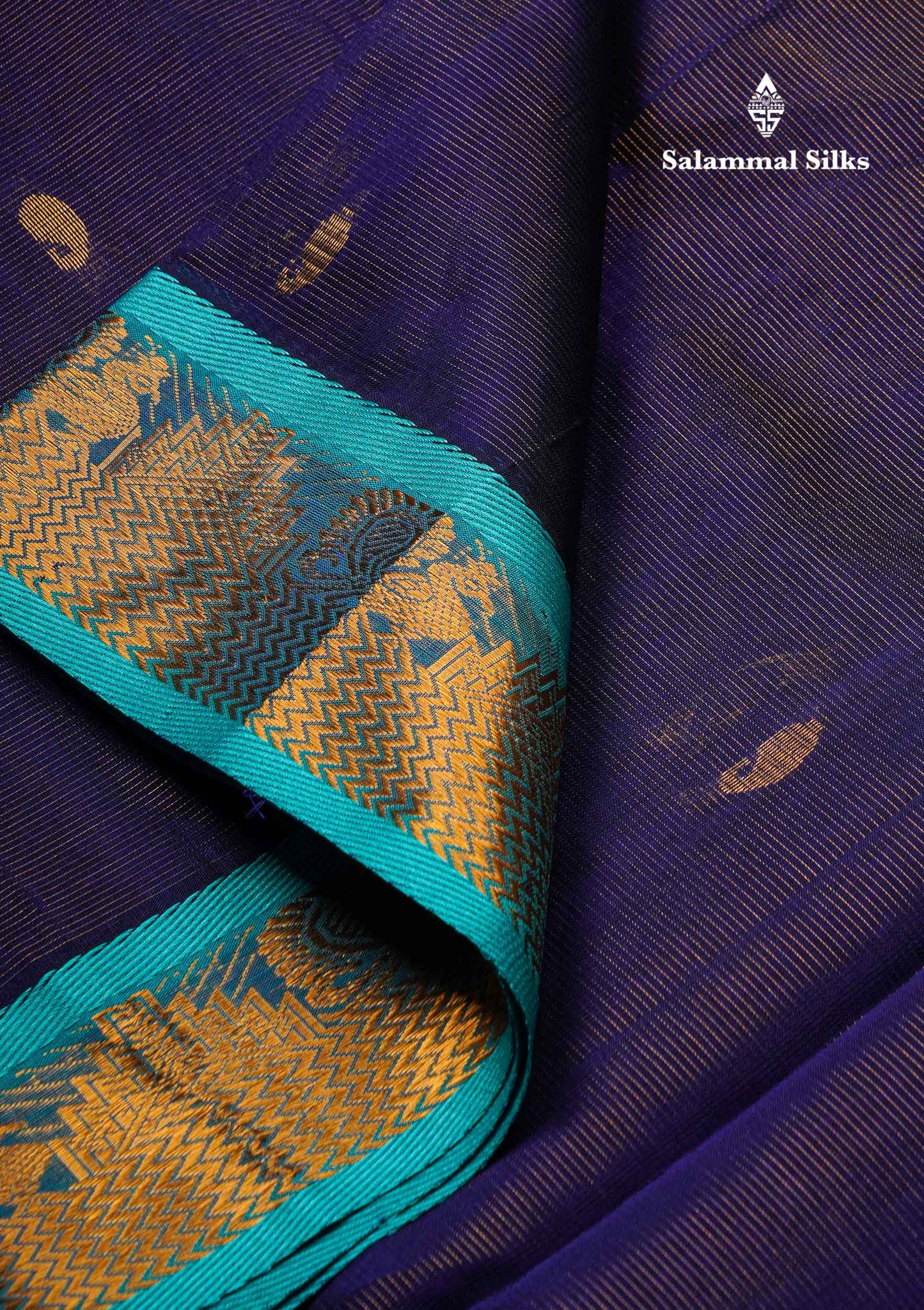 Beautiful Navy Blue Vaira Oosi Lines With Mango Zari Butta Semi Silk Cotton Saree With Contrast Sapphire Traditional Border