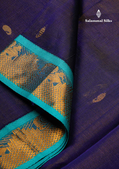Beautiful Navy Blue Vaira Oosi Lines With Mango Zari Butta Semi Silk Cotton Saree With Contrast Sapphire Traditional Border
