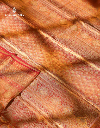 Beautiful Pinkish Orange Tissue Bridal Pure Kanjivaram Silk Saree With Fancy Border