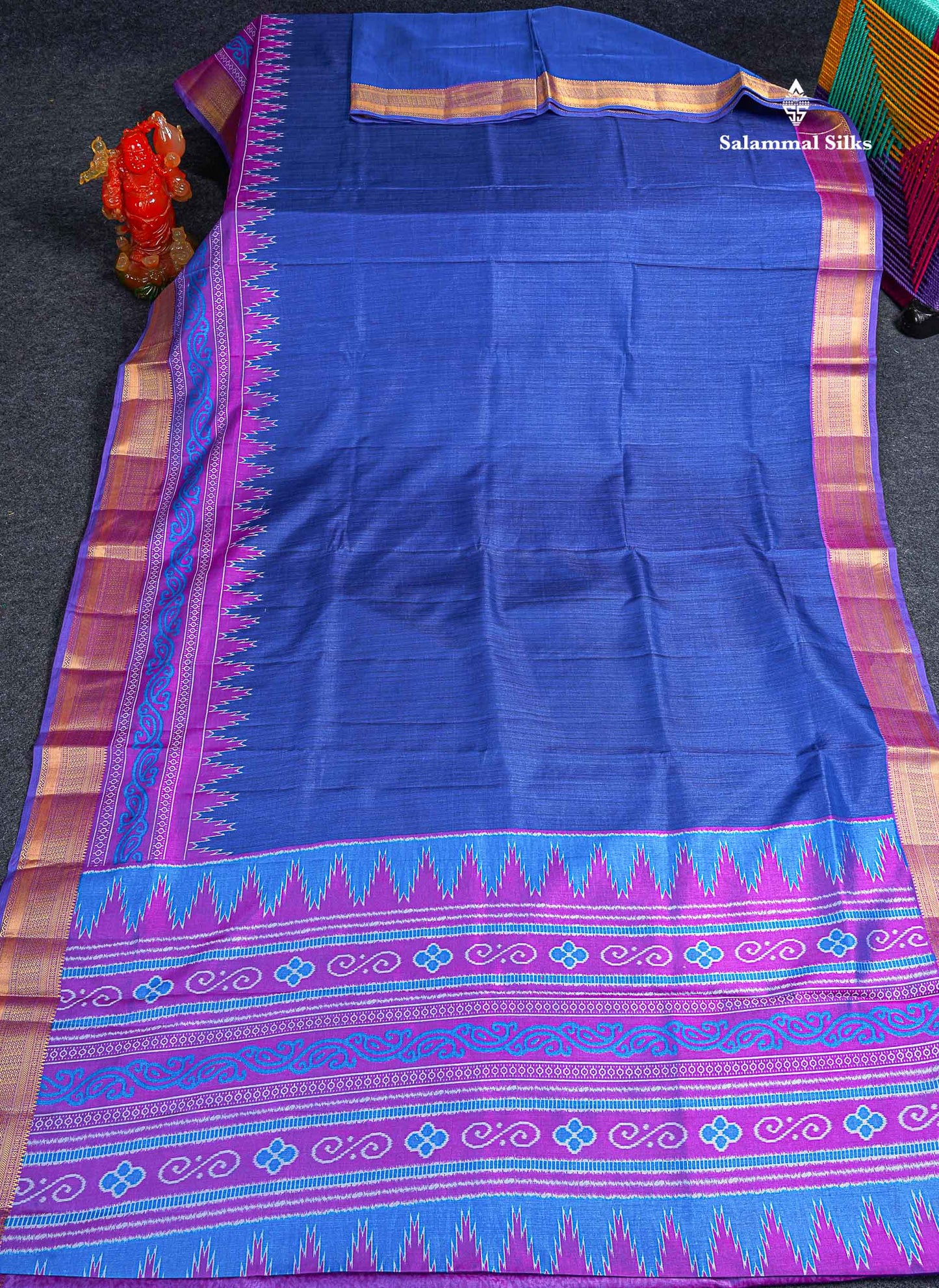 Semi Raw Silk Fancy Saree - Royal Blue  Plain With Contrast Purple Traditional Border