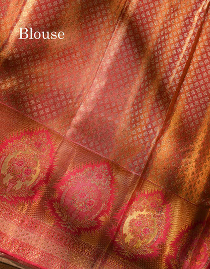 Beautiful Pinkish Orange Tissue Bridal Pure Kanjivaram Silk Saree With Fancy Border