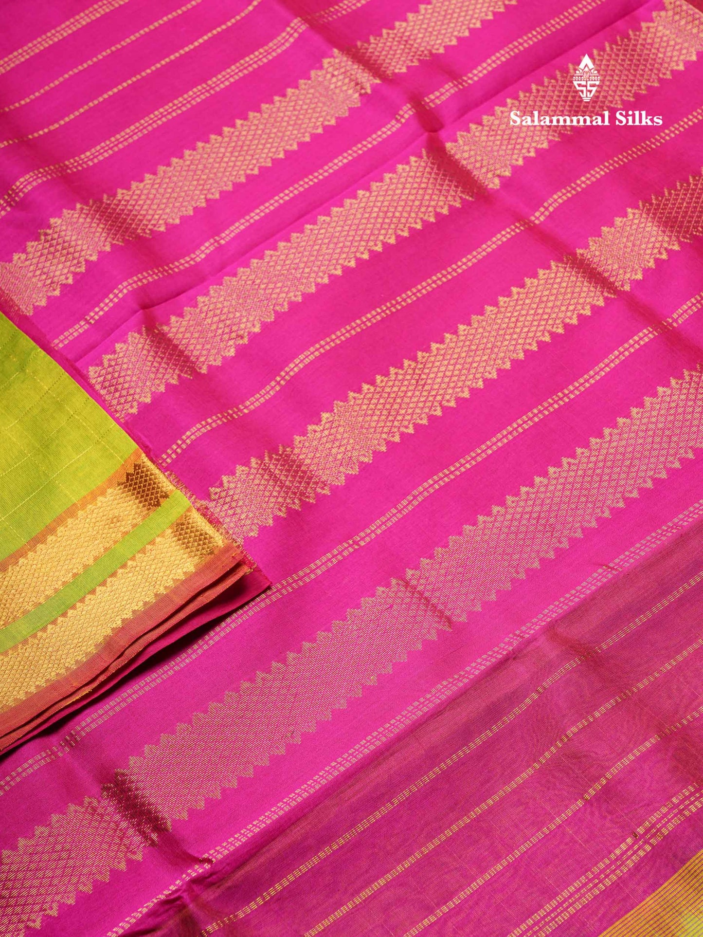 Parrot Green Checks With Butta Pure Silk Cotton Saree With Contrast Magenta Pink Blouse