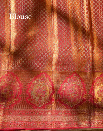 Beautiful Pinkish Orange Tissue Bridal Pure Kanjivaram Silk Saree With Fancy Border