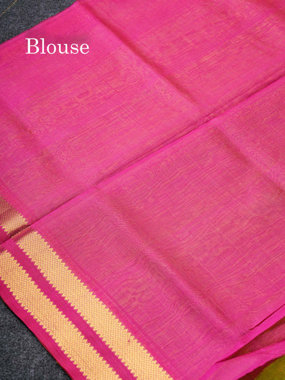 Parrot Green Checks With Butta Pure Silk Cotton Saree With Contrast Magenta Pink Blouse