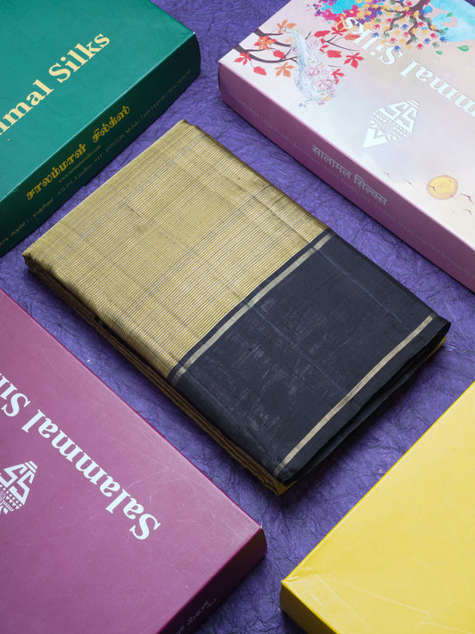 Olive Green Tissue Pure Kanjivaram Silk Saree With Contrast Black Rettapet Border
