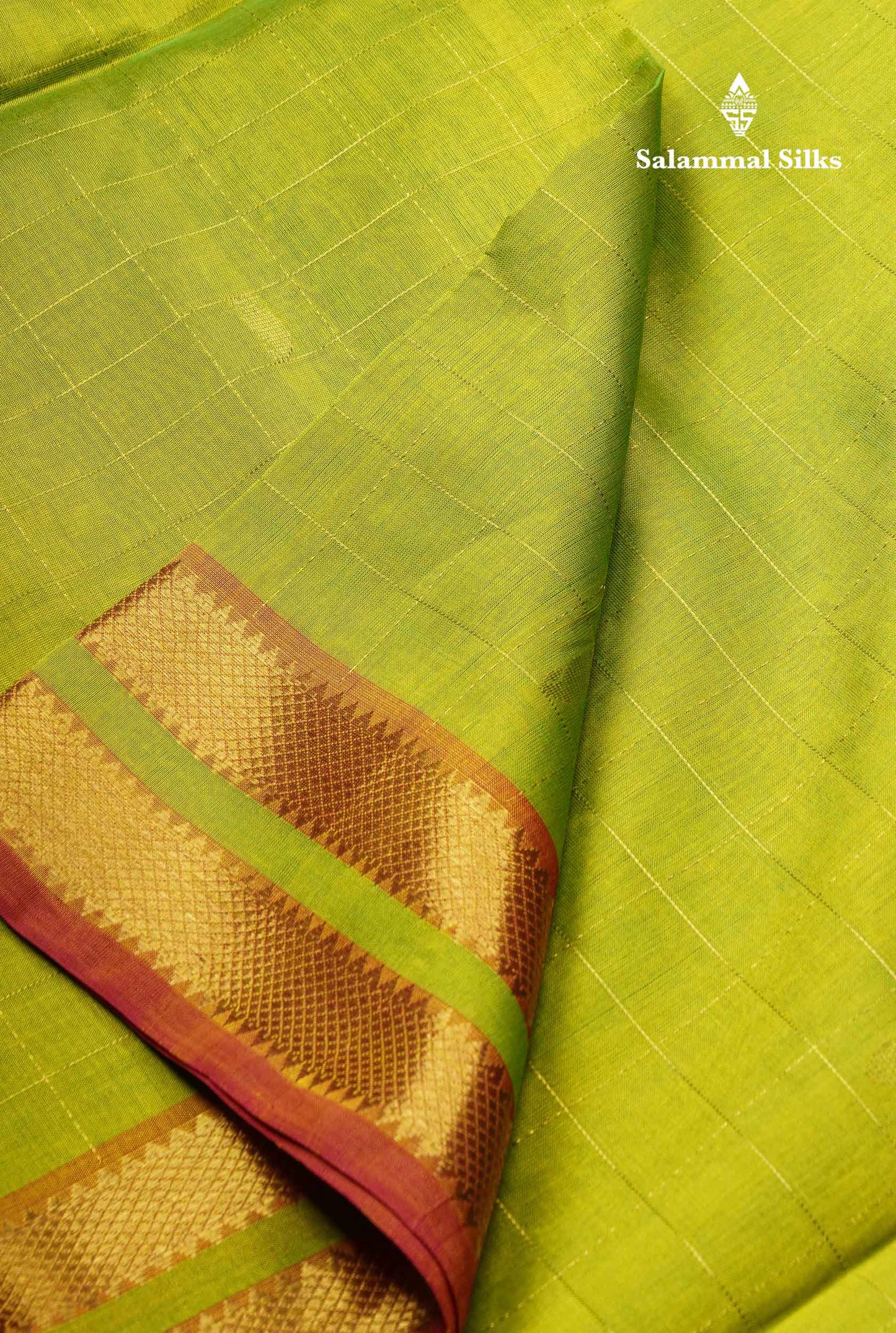 Parrot Green Checks With Butta Pure Silk Cotton Saree With Contrast Magenta Pink Blouse