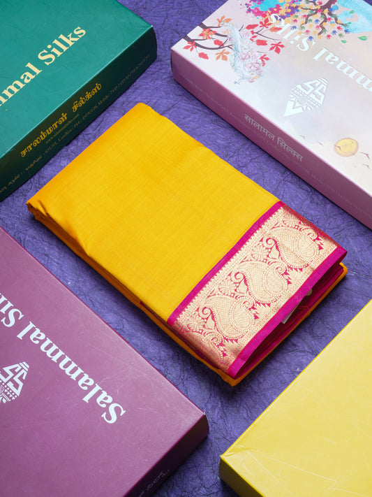 Korvai Mango Yellow Plain Pure Kanjivaram Silk Saree With Contrast Pink Traditional Small Border