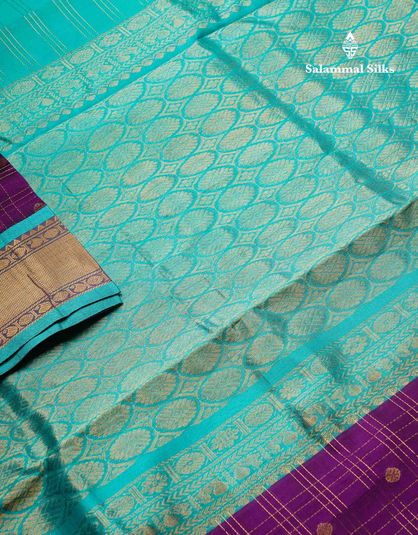 Beautiful Dark Purple Checks With Butta Pure Silk Cotton Saree With Contrast Sapphire Green Traditional Border