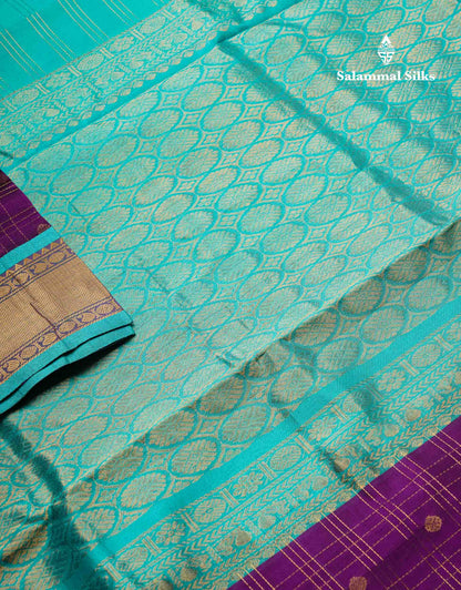 Beautiful Dark Purple Checks With Butta Pure Silk Cotton Saree With Contrast Sapphire Green Traditional Border