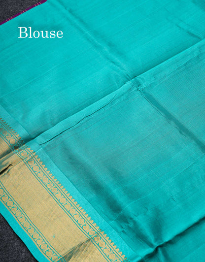Beautiful Dark Purple Checks With Butta Pure Silk Cotton Saree With Contrast Sapphire Green Traditional Border