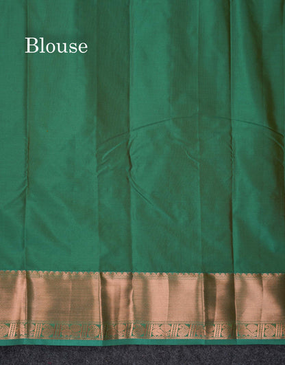 Beautiful Cream Sandal Zari Butta Semi Silk Saree With Contrast Sapphire Green Traditional Border