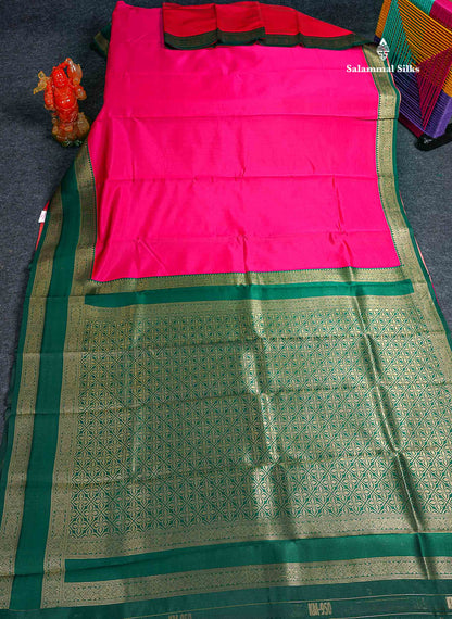 Semi Silk Saree -  Pink Colour Body Plain With Contrast Bottle Green Traditional Gap Border
