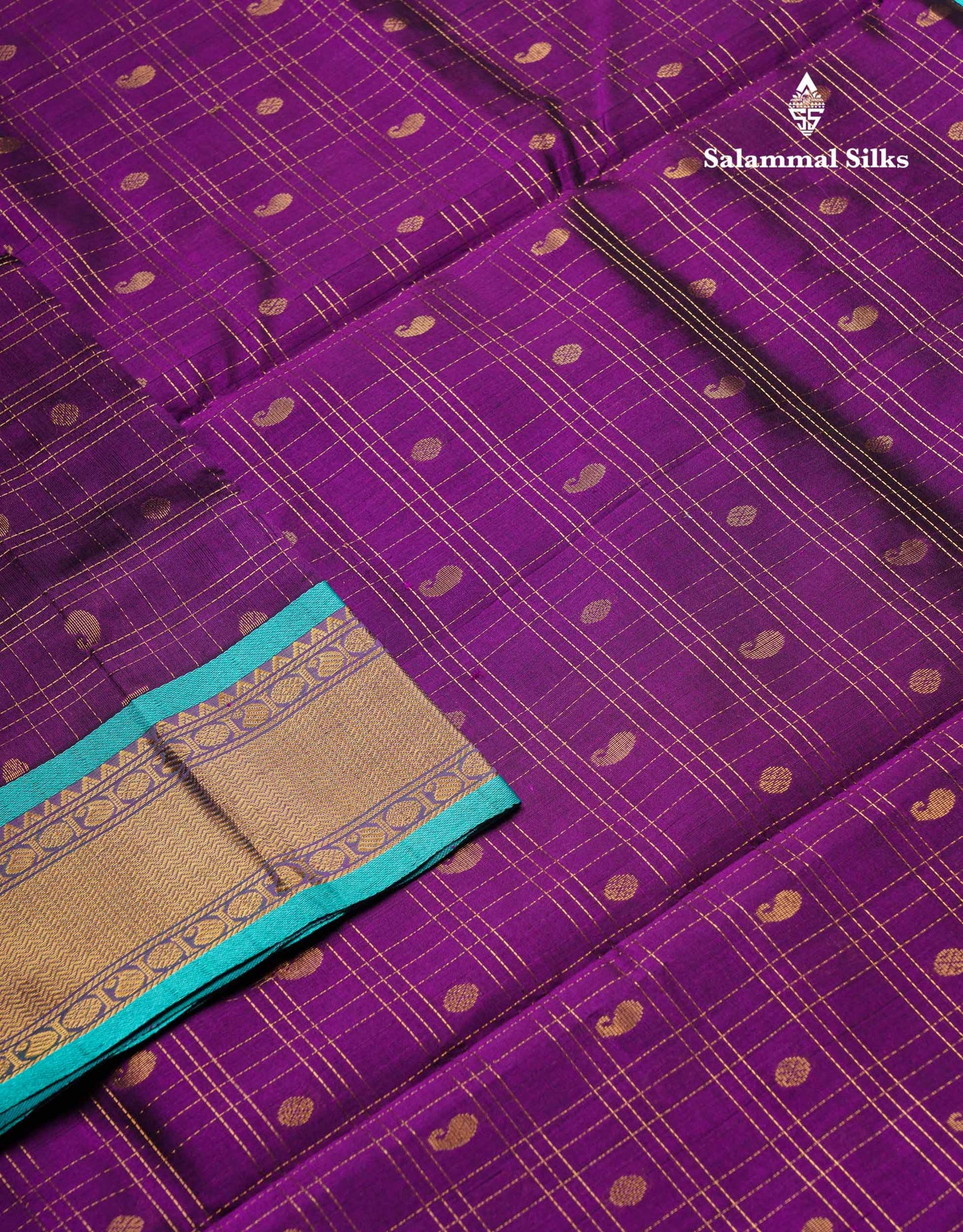 Beautiful Dark Purple Checks With Butta Pure Silk Cotton Saree With Contrast Sapphire Green Traditional Border