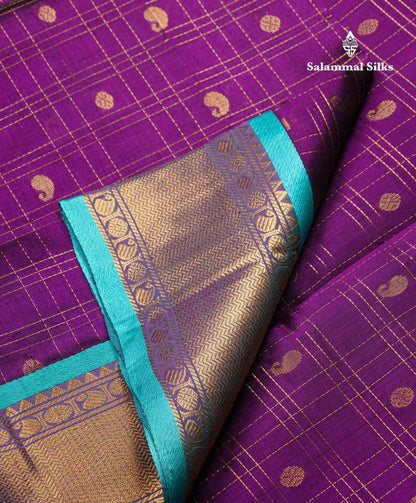 Beautiful Dark Purple Checks With Butta Pure Silk Cotton Saree With Contrast Sapphire Green Traditional Border