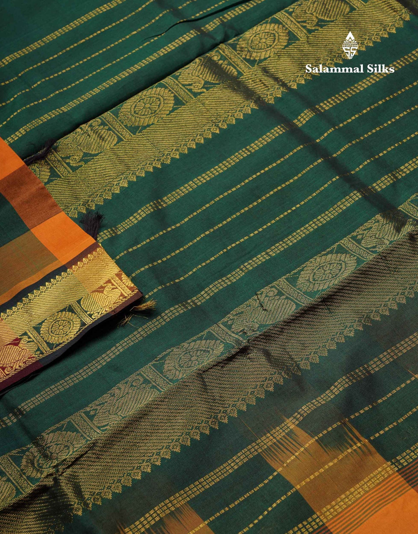 Beautiful Paalum Pazham Checks Semi Silk Cotton Saree With Contrast Bottle Green Blouse