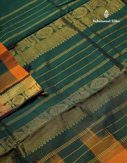 Beautiful Paalum Pazham Checks Semi Silk Cotton Saree With Contrast Bottle Green Blouse