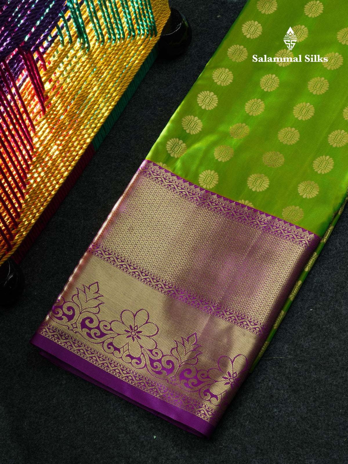 Semi Silk Pattu Pavadai (Parrot Green) With Purple Blouse 44"