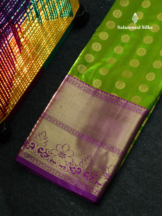 Semi Silk Pattu Pavadai (Parrot Green) With Purple Blouse 44"