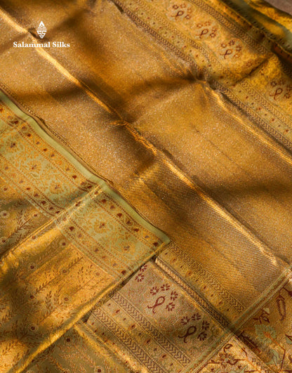Beautiful Light Pista Green Tissue Bridal Menakari Work Pure Kanjivaram Silk Saree With Fancy Border