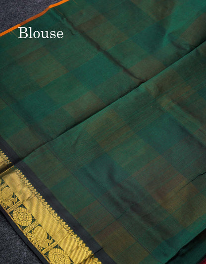 Beautiful Paalum Pazham Checks Semi Silk Cotton Saree With Contrast Bottle Green Blouse